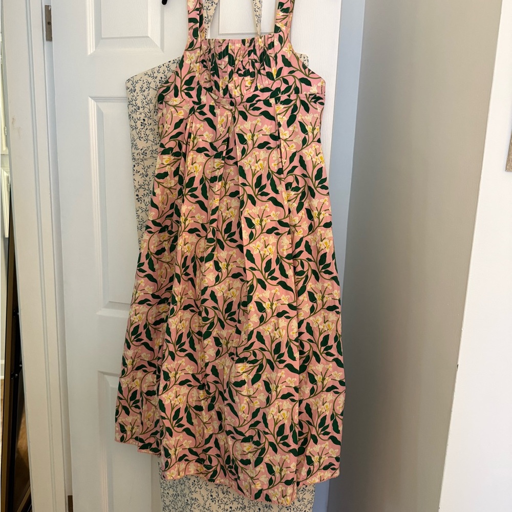 Agua Bendita Pink Floral Maxi Dress with Green Leaves